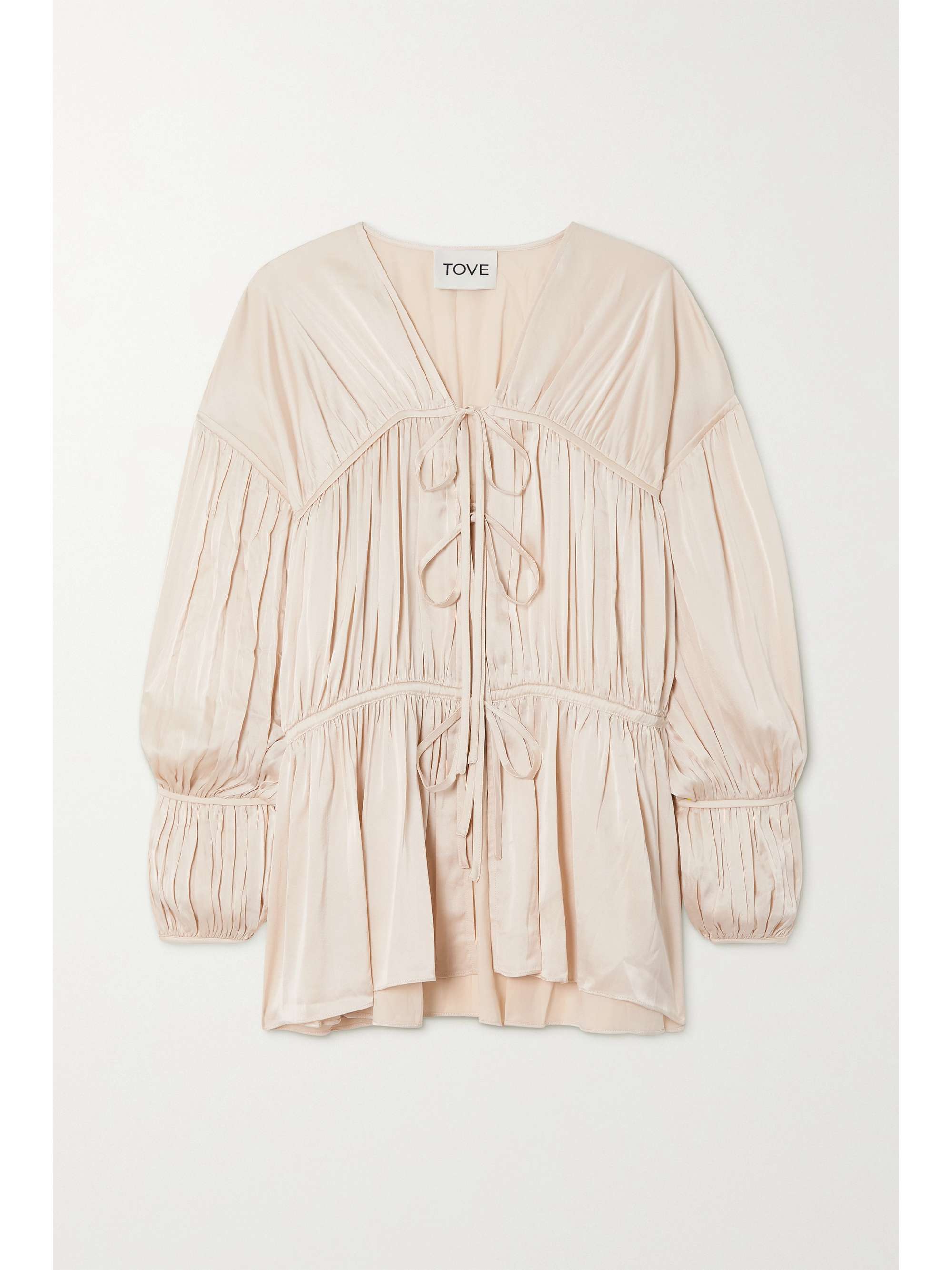 Cream Zoe tie-front gathered silk-blend 