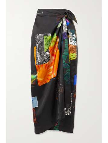 DRIES VAN NOTEN Sand printed satin-twill wrap midi skirt