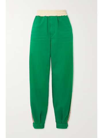 GUCCI Appliquéd striped cotton-drill track pants