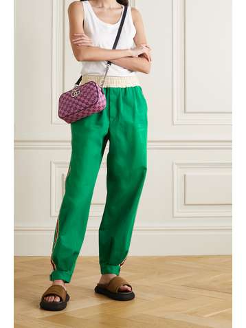 GUCCI Appliquéd striped cotton-drill track pants