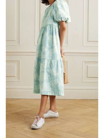 THE GREAT. The Park tiered floral-print denim midi dress