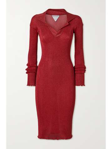 BOTTEGA VENETA Metallic ribbed-knit midi dress