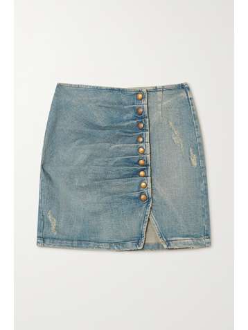 RETROFÊTE Willa ruched distressed denim mini skirt
