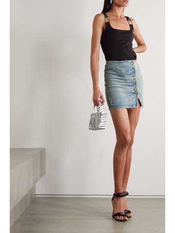 RETROFÊTE Willa ruched distressed denim mini skirt