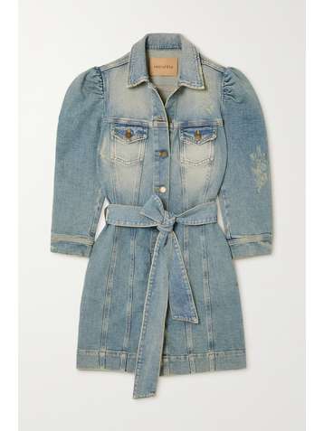 RETROFÊTE Lema belted distressed denim mini shirt dress