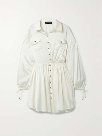 RETROFÊTE Olive embellished stretch-silk satin mini shirt dress