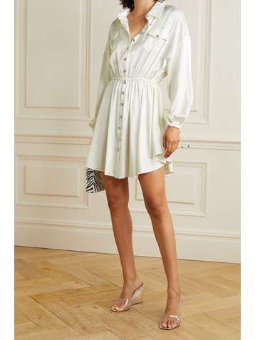 RETROFÊTE Olive embellished stretch-silk satin mini shirt dress