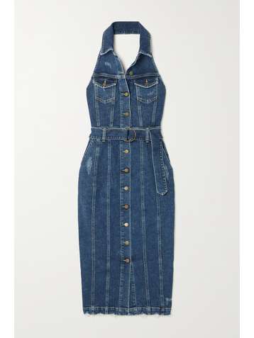 RETROFÊTE Logan belted distressed stretch-denim midi halterneck dress