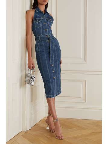 RETROFÊTE Logan belted distressed stretch-denim midi halterneck dress