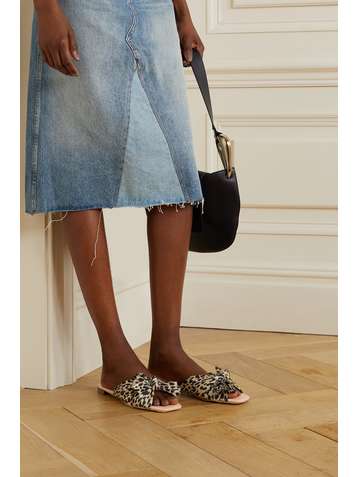 LOEFFLER RANDALL Daphne bow-embellished leopard-print plissé-lamé slides