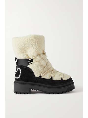 VALENTINO Valentino Garavani Schnürstiefel aus Veloursleder, Leder und Shearling mit Logo