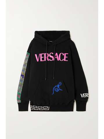 VERSACE Printed embroidered cotton-blend jersey hoodie
