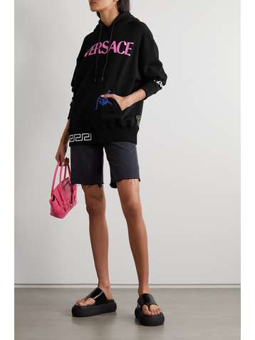 VERSACE Printed embroidered cotton-blend jersey hoodie