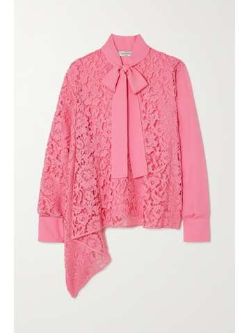 VALENTINO Pussy-bow corded lace and silk crepe de chine blouse