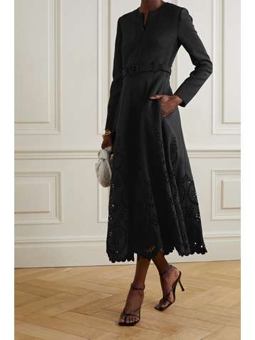 VALENTINO Broderie anglaise-trimmed wool and silk-blend crepe dress