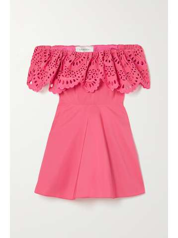 VALENTINO Off-the-shoulder broderie anglaise cotton-blend mini dress