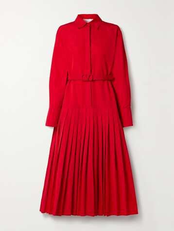 VALENTINO Belted pleated cotton-blend faille midi shirt dress
