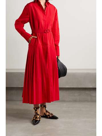 VALENTINO Belted pleated cotton-blend faille midi shirt dress