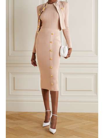 BALMAIN Jupe midi en mailles côtelées à boutons