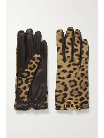 VALENTINO Valentino Garavani embellished leopard-print calf hair and leather gloves