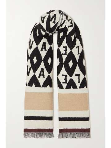 VALENTINO Fringed jacquard-knit wool-blend scarf