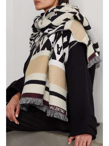 VALENTINO Fringed jacquard-knit wool-blend scarf