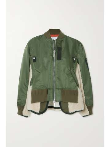 SACAI Padded shell, shearling and cotton-blend jersey bomber jacket