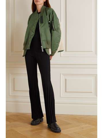 SACAI Padded shell, shearling and cotton-blend jersey bomber jacket