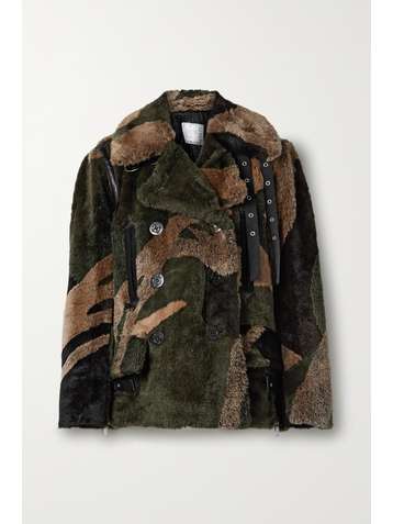 SACAI +KAWS double-breasted leather-trimmed printed faux fur coat
