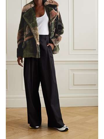 SACAI +KAWS double-breasted leather-trimmed printed faux fur coat