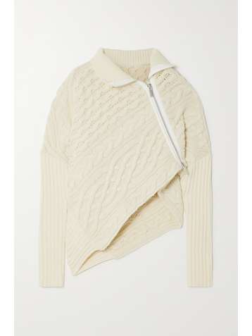 SACAI Asymmetric zip-detailed cable-knit wool sweater