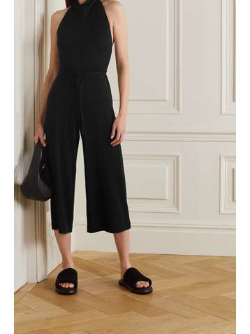 VINCE Cropped belted stretch-cotton and Lyocell-blend halterneck jumpsuit