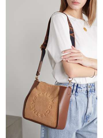 STELLA MCCARTNEY Mini studded faux shearling and vegetarian leather shoulder bag