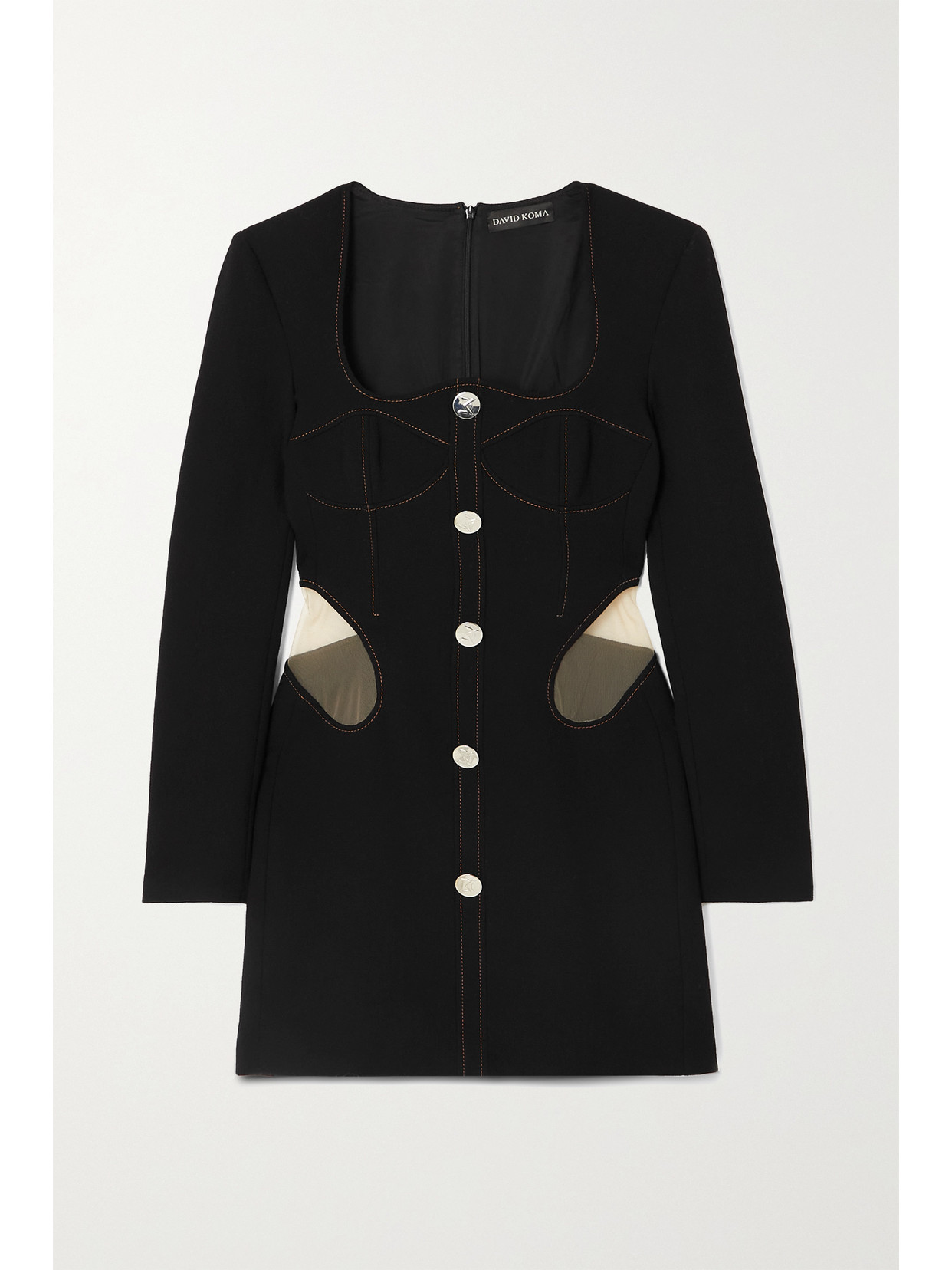 Topstitched Mesh-paneled Wool-crepe Mini Dress