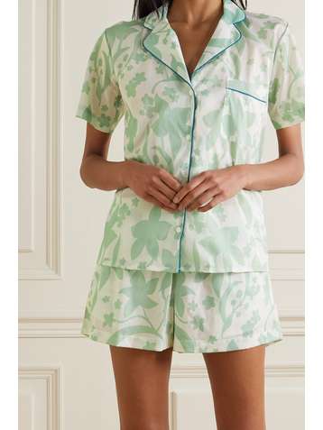 POUR LES FEMMES Pyjama aus bedrucktem Baumwoll-Voile mit Paspeln