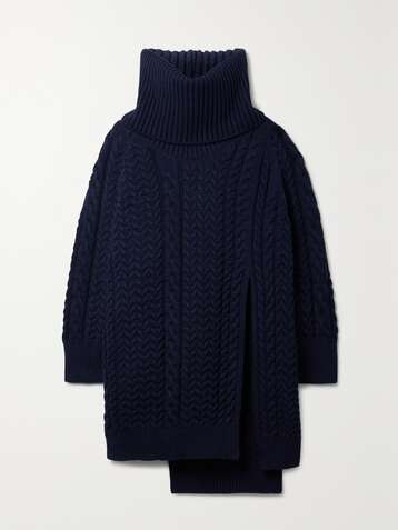STELLA MCCARTNEY + NET SUSTAIN oversized asymmetric cable-knit organic cotton-blend turtleneck cape