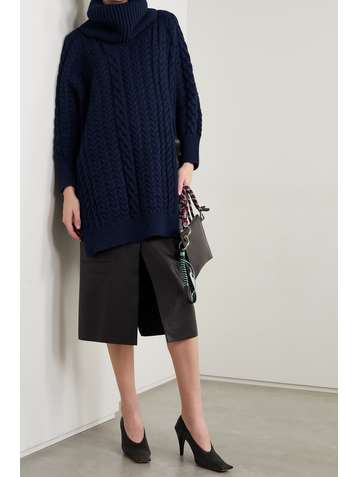 STELLA MCCARTNEY + NET SUSTAIN oversized asymmetric cable-knit organic cotton-blend turtleneck cape