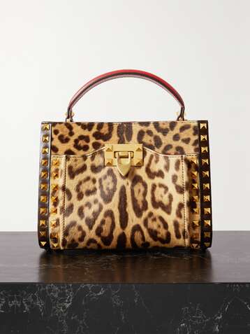 VALENTINO Valentino Garavani Rockstud small leather-trimmed leopard-print calf hair tote
