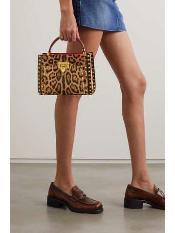 VALENTINO Valentino Garavani Rockstud small leather-trimmed leopard-print calf hair tote