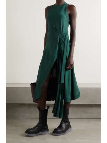 MONSE Asymmetric wrap-effect pleated satin-crepe midi dress
