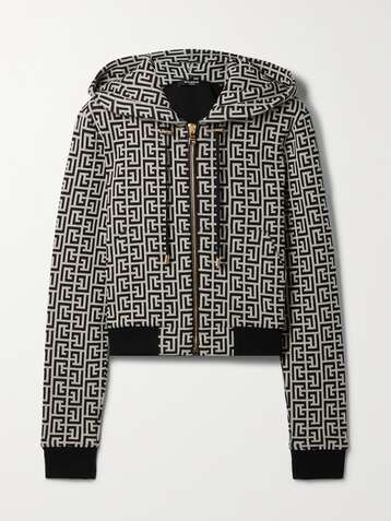BALMAIN Pull à capuche raccourci en mailles jacquard