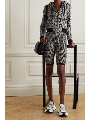 BALMAIN Pull à capuche raccourci en mailles jacquard
