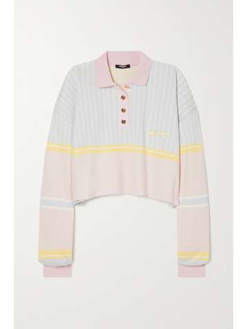BALMAIN Cropped embroidered striped cotton-jersey polo shirt