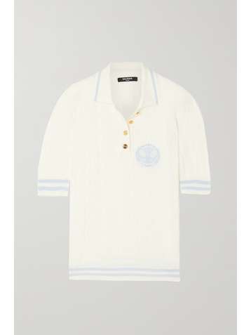 BALMAIN Polo en laine mérinos à mailles torsadées et à broderie