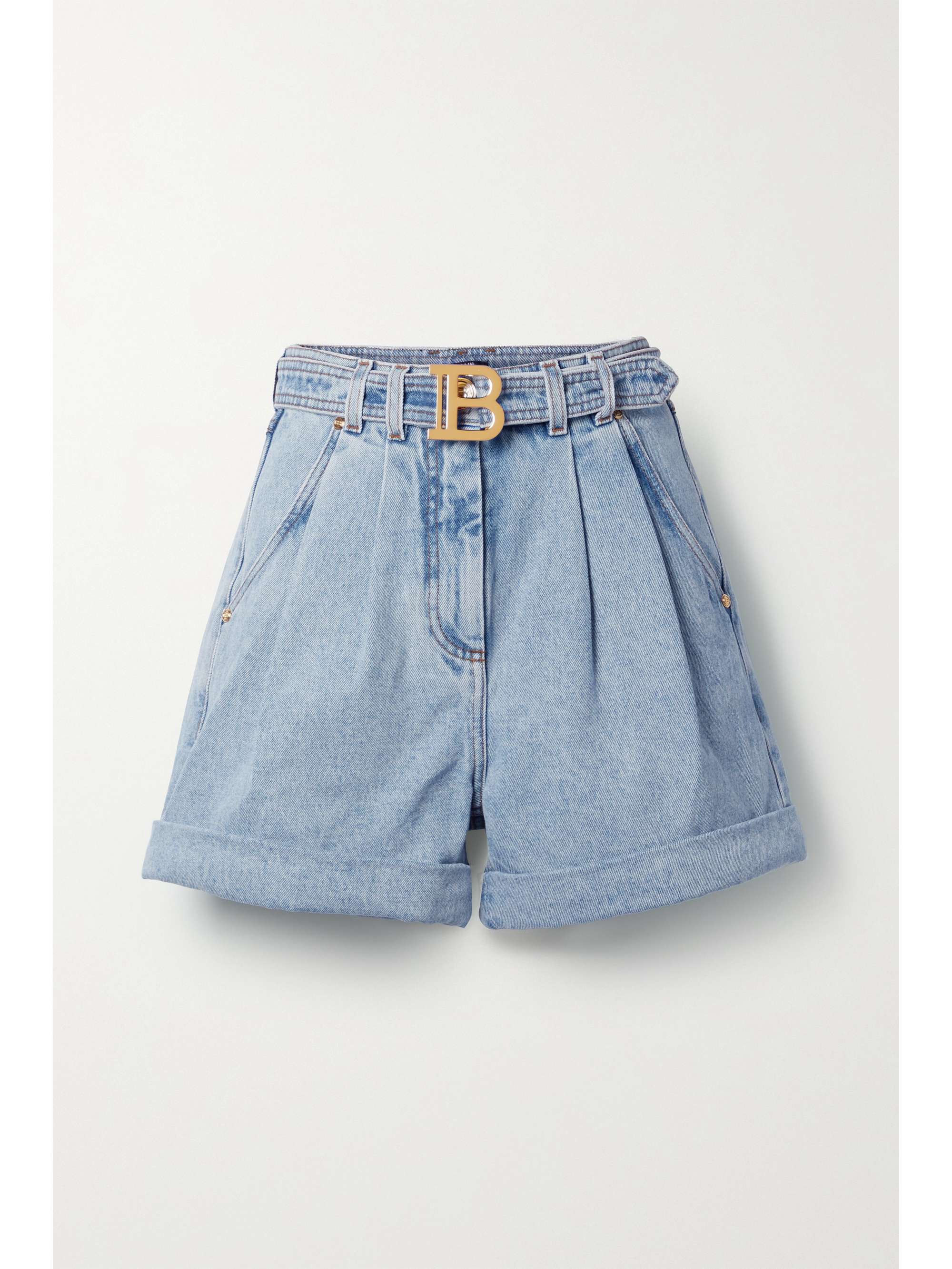 Light blue Belted pleated denim shorts 