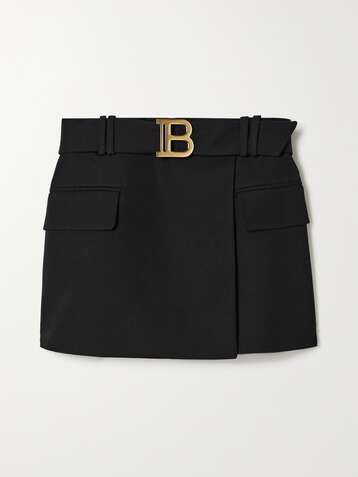 BALMAIN Belted wrap-effect wool-twill mini skirt