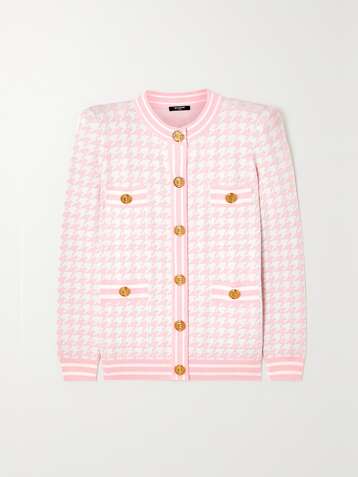 BALMAIN Cardigan en mailles jacquard métallisées pied-de-coq à boutons