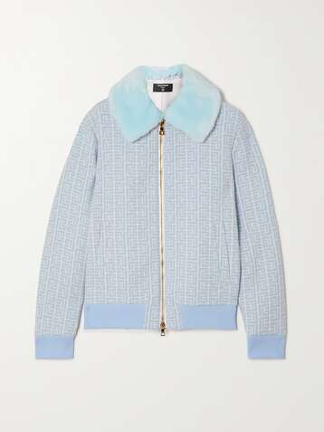 BALMAIN Faux fur-trimmed wool-jacquard bomber jacket