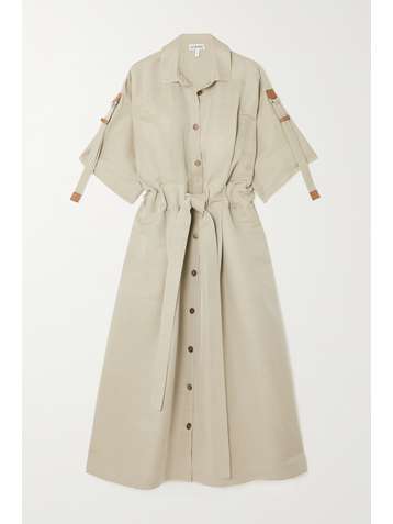 LOEWE Belted leather-trimmed linen-blend midi shirt dress