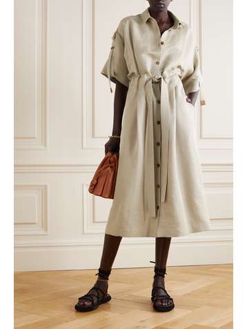 LOEWE Belted leather-trimmed linen-blend midi shirt dress